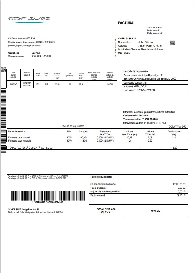 Moldova Gas utility bill template in Word and PDF format
